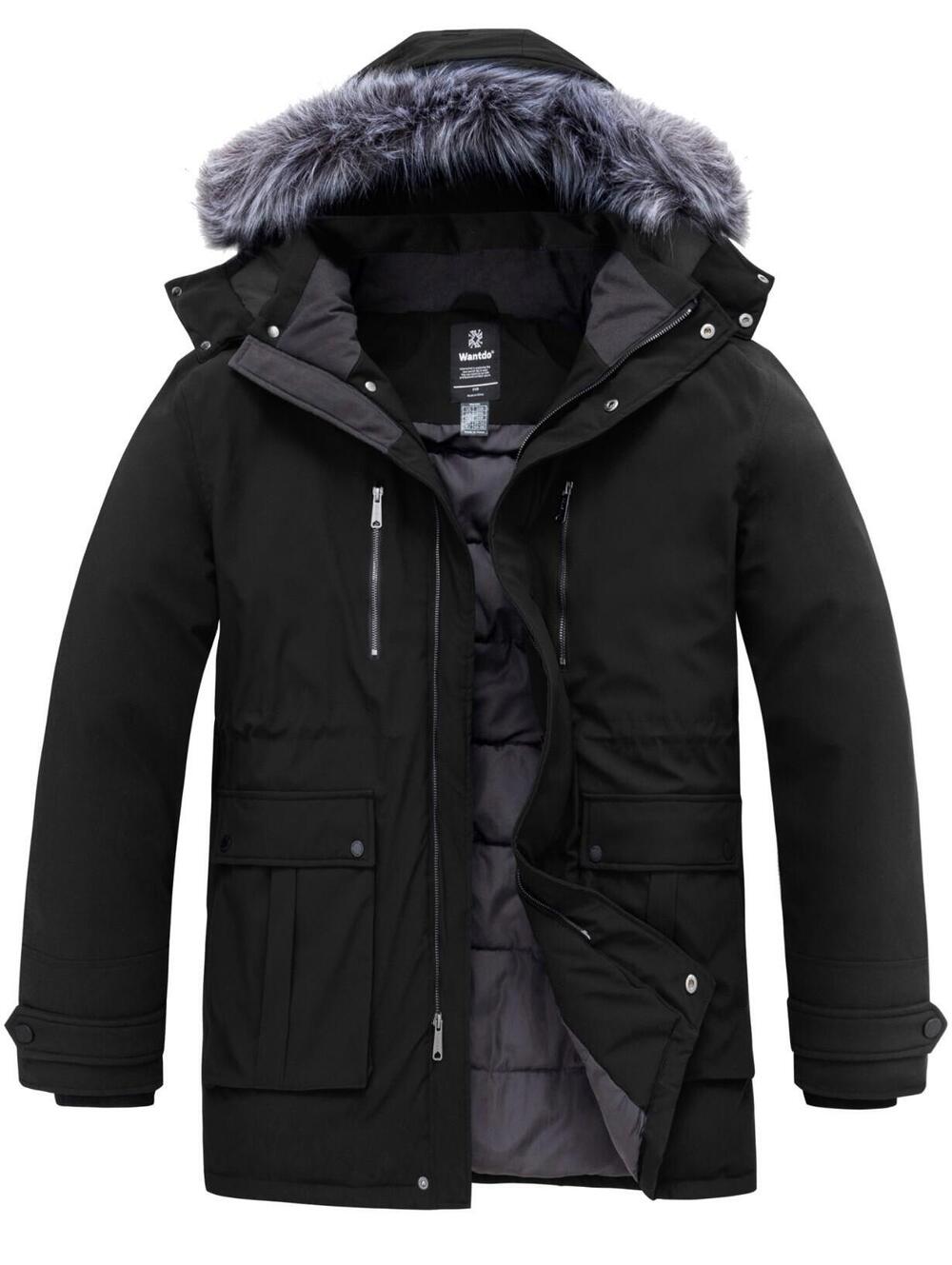 Wantdo Men's Winter Parka Jacket 3XLT Black Quilted Lined Faux Fur Hood Coat